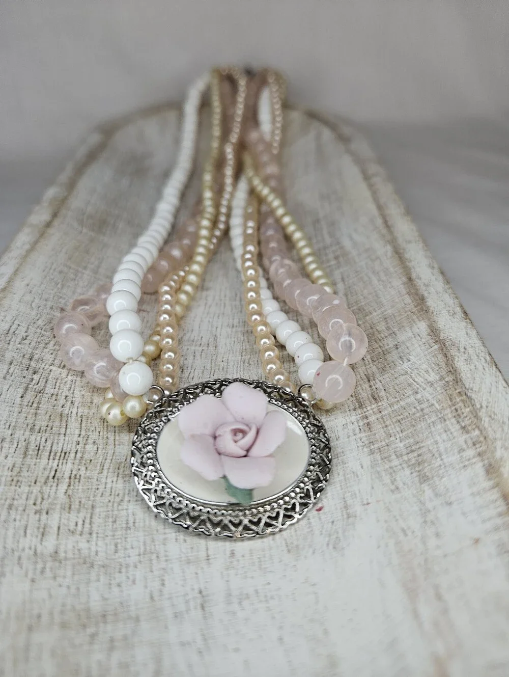 Vtg 1928 Jewelry Co Rose Quartz Pearl Multi Strand Choker Flower Necklace GUC